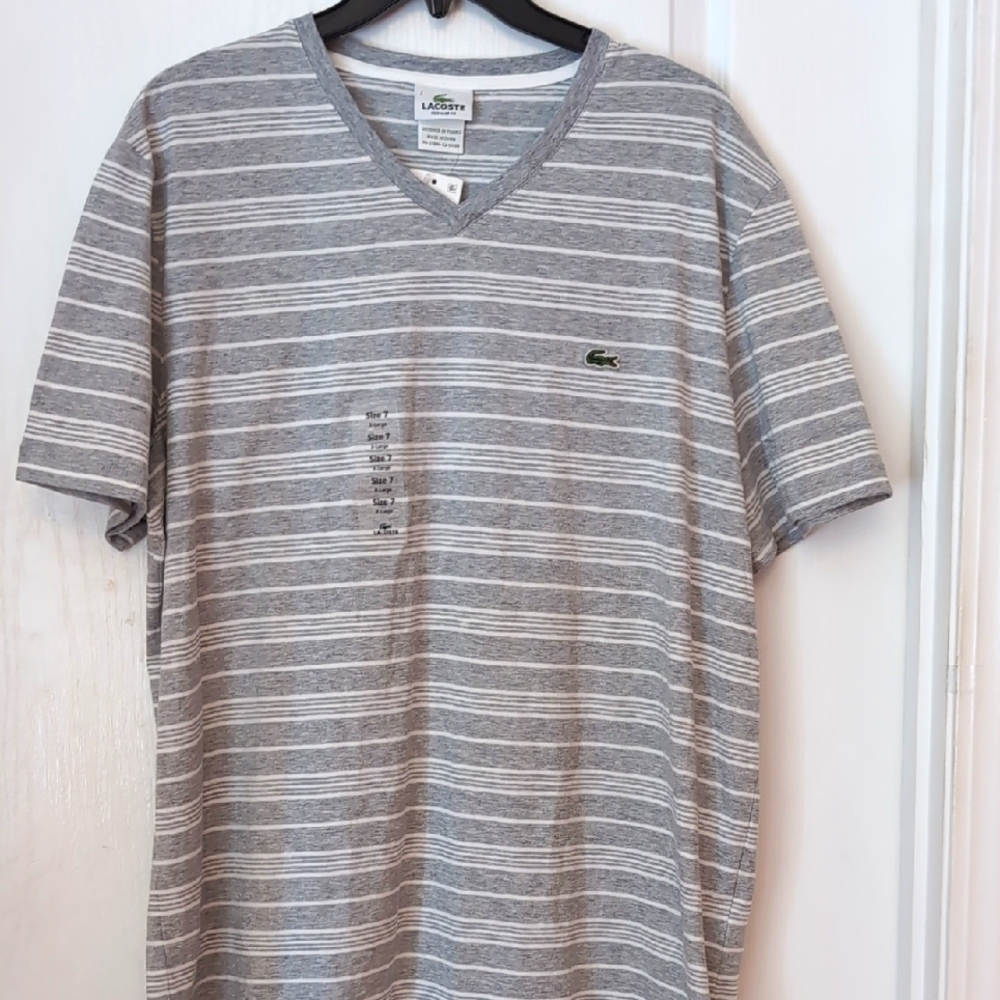 Lacoste Mens Light Gray Striped V-neck Shirt. Size 7  XL